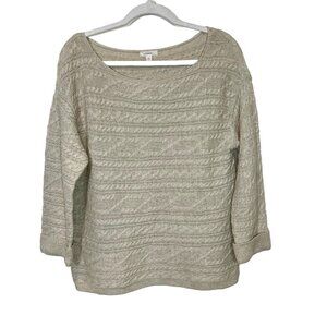 Caslon Sweater M Wool Blend Cable Open Knit Beige Boat Neck Pullover Size Medium